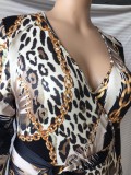 Plus Size Leopard Print Wrapped Bodycon Jumpsuit with Belt
