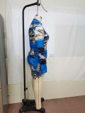 Plus Size Tie Dye Blue Zipper Bodycon Dress with Full Sleeves
