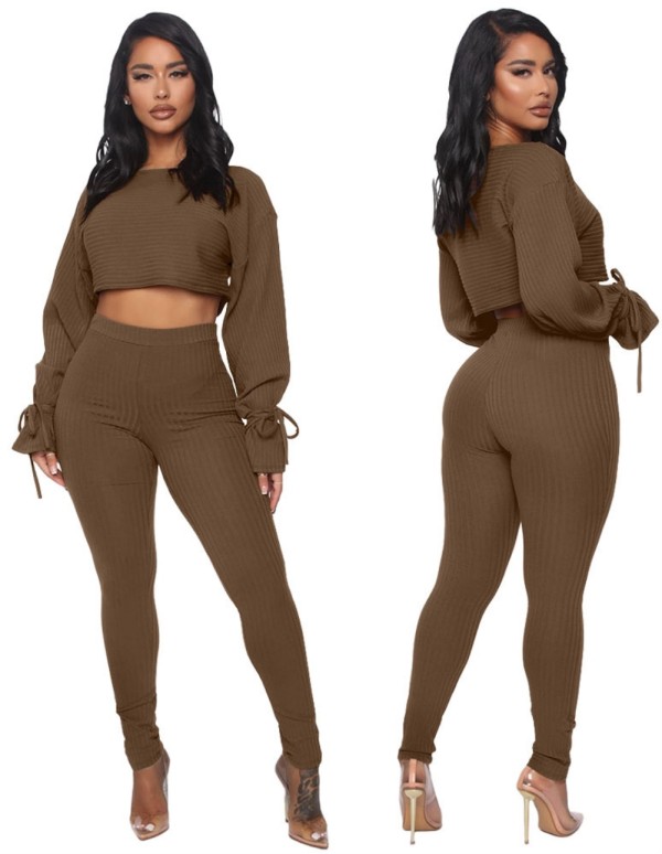 Autumn Two Piece Knitted Loose Crop Top and Tight Pants Set