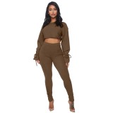 Autumn Two Piece Knitted Loose Crop Top and Tight Pants Set