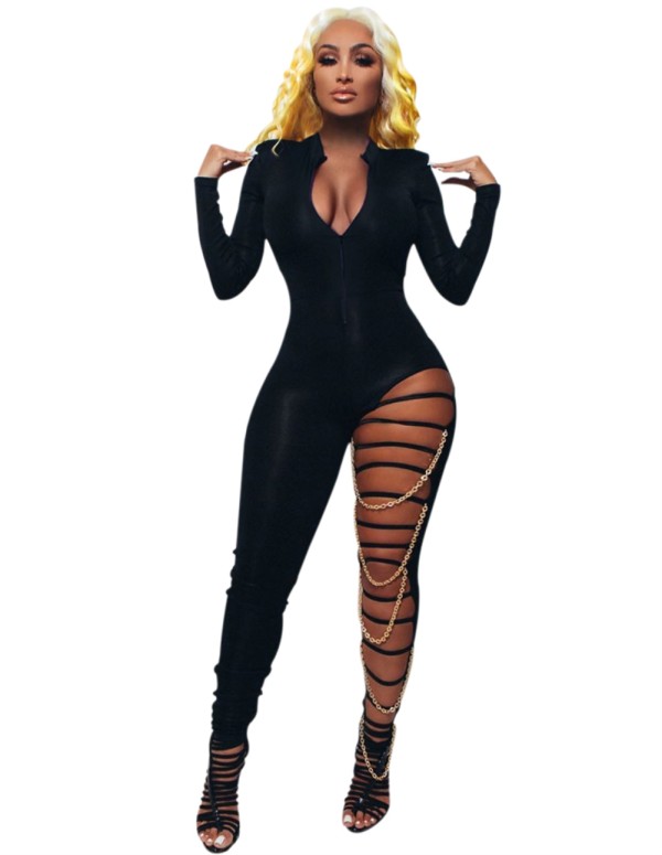 Black Sexy Bodycon Cut Out Chains Jumpsuit
