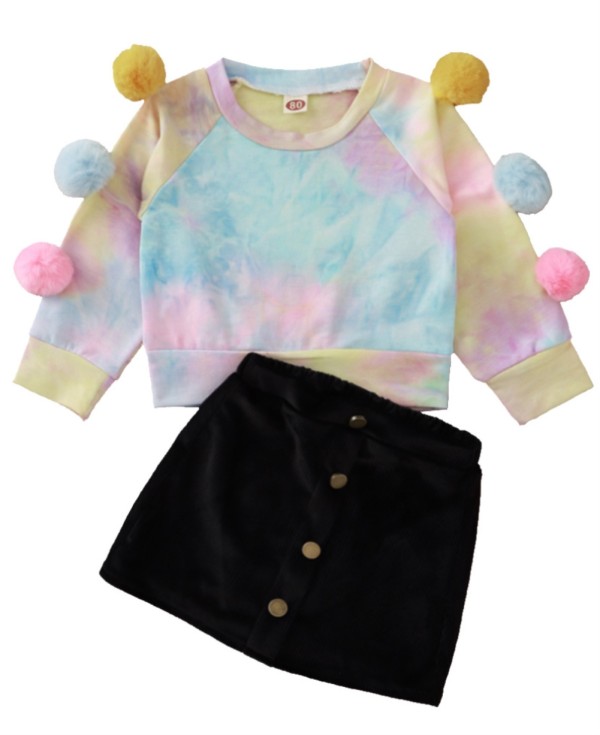 Kids Girl Autumn Tie Dye Shirt and Mini Skirt Set