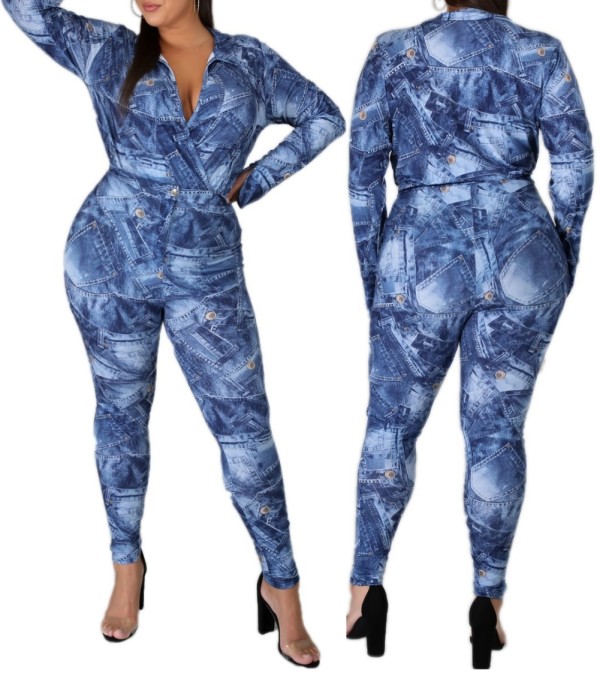Plus Size Print Blue Wrap Bodysuit and Pants Set