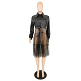 Autumn Mesh and Leather Patchwork Dress with Belt