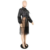 Autumn Mesh and Leather Patchwork Dress with Belt