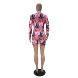 Autumn Character Print Pink Bodycon Rompers