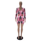 Autumn Character Print Pink Bodycon Rompers