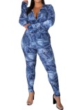 Plus Size Print Blue Wrap Bodysuit and Pants Set