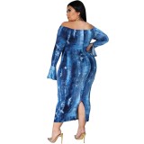 Plus Size Print Blue Off Shoulder Midi Dress