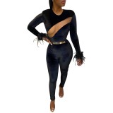 Sexy Black Velvet Long Sleeve Bodycon Jumpsuit
