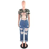 Casual Blue High Waist Ripped Damage Jeans