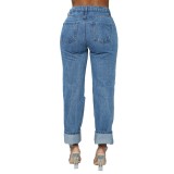 Casual Blue High Waist Ripped Damage Jeans