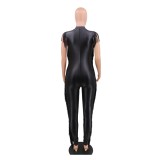 PU Black Sexy Sleeveless Bodycon Tassels Jumpsuit