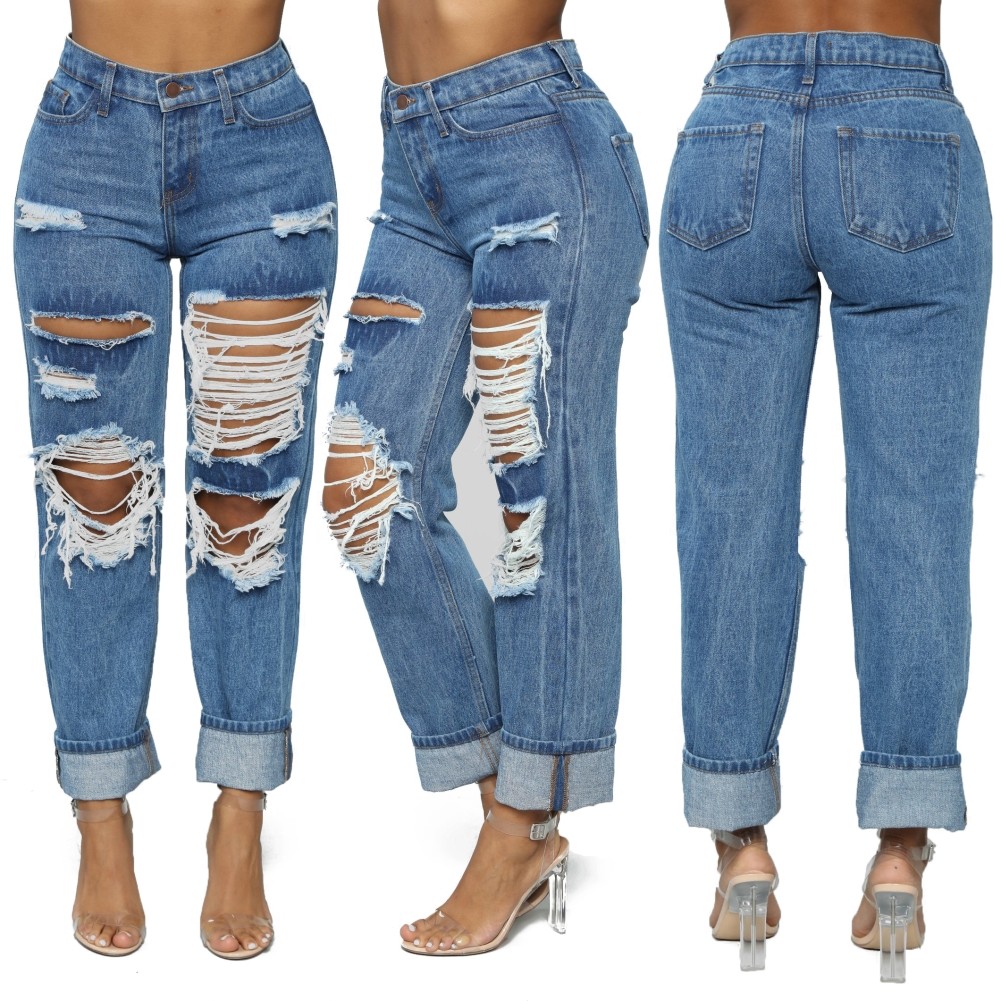 Wholesale Casual Blue High Waist Ripped Damage Jeans | Global Lover