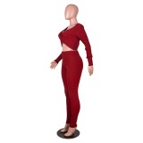 Autumn Knitted Sexy Wrapped Crop Top and Pants Set