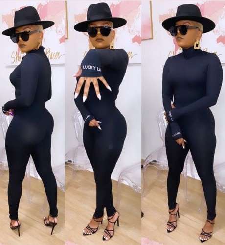 Sexy Long Sleeves Print Letter Bodycon Jumpsuit