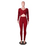 Autumn Knitted Sexy Wrapped Crop Top and Pants Set