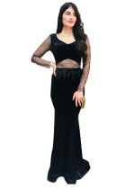 Black Velvet Evening Dress with Mesh Sleeves