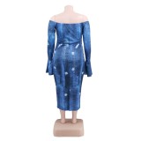 Plus Size Print Blue Off Shoulder Midi Dress