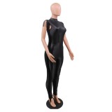 PU Black Sexy Sleeveless Bodycon Tassels Jumpsuit