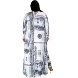 Plus Size Autumn Dollar Print Jumpsuit with Matching Long Coat