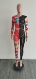 Autumn Party Print Patchwork See Through Sexy Bodycon Jumpsuit