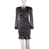 Autumn Black Satin Sexy Ruched Strings Party Dress