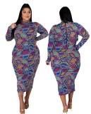 Plus Size Autumn Mature Print Purple Midi Dress