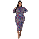 Plus Size Autumn Mature Print Purple Midi Dress