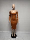 Autumn Solid Color Straps Midi Dress with Sleeves