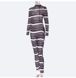 White and Black Stripes See Through Bodycon Jumpsuit