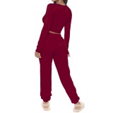 Autumn Solid Color Tight Crop Top and Track Pants Set