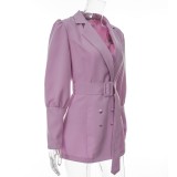 Autumn Solid Color Button Up Puff Sleeves Long Blazer with Belt