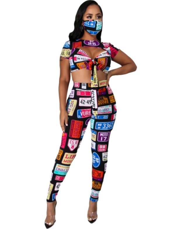 Party Print Colorful Sexy Crop Top and Pants Set with Face Cover