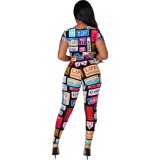 Party Print Colorful Sexy Crop Top and Pants Set with Face Cover
