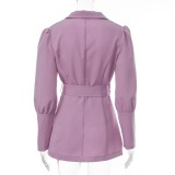 Autumn Solid Color Button Up Puff Sleeves Long Blazer with Belt