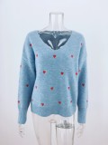 Autumn Heart Print V-Neck Regular Loose Sweaters