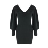 Autumn Black Casual V-Neck Plain Mini Dress with Puff Sleeves