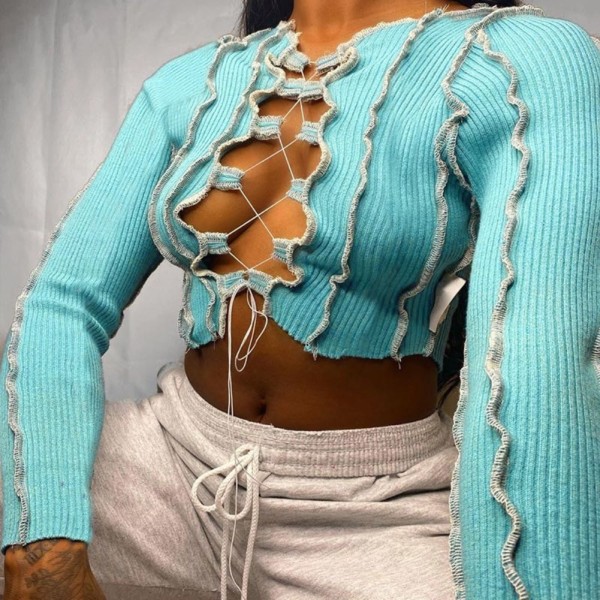 Autumn Knitted Sexy Lace Up Crop Top with Full Sleeves