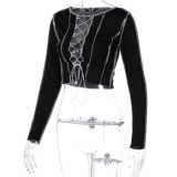 Autumn Knitted Sexy Lace Up Crop Top with Full Sleeves