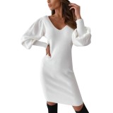 Autumn White Casual V-Neck Plain Mini Dress with Puff Sleeves