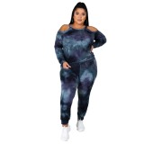Plus Size Autumn Casual Tie Dye Off the Shoulder Long Sleeve Shirt and Pants Set