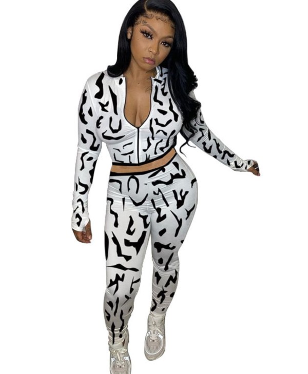 Autumn Matching White and Black Print Zipper Crop Top and Pants Set
