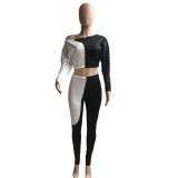 Autumn Matching White and Black Contrast Crop Top and Pants Set