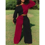 Autumn Matching Contrast Crop Top and Loose Trousers Pants
