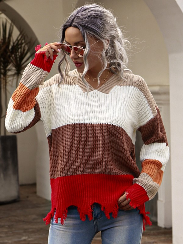 Autumn Contrast V-Neck Plush Pullover Sweaters