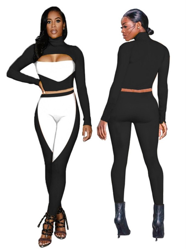 Autumn Matching White and Black Contrast Crop Top and Pants Set