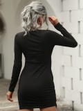 Autumn Sexy Black V-Neck Wrapped Mini Dress with Full Sleeves