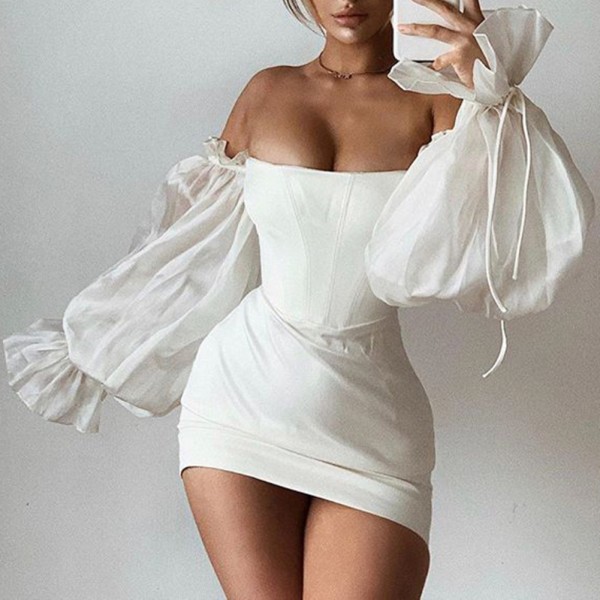 Summer White Sexy Puff Sleeves Strapless Vintage Mini Dress