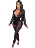 Sexy Deep-V See Through Beaded Bodycon Jumpsuit with Full Sleeves